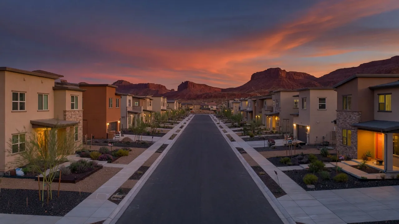 AI-rendered concept image of a new Washington City neighborhood with glowing homes under a twilight sky