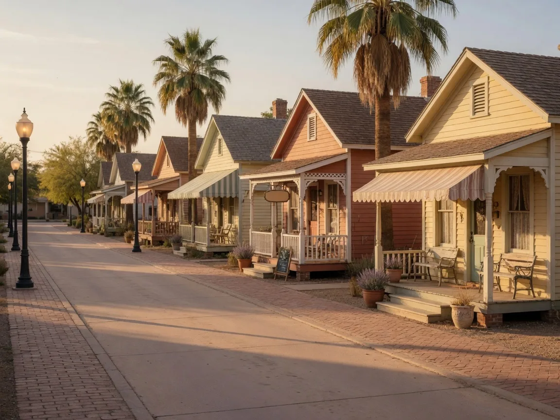 Historic downtown Glendale bungalows turned into boutique shops along brick sidewalks with gaslights and palm trees