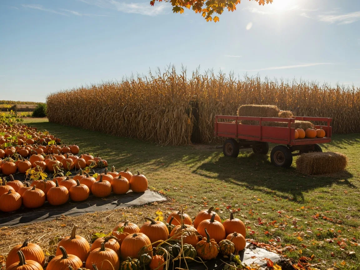 Rows of orange pumpkins and gourds at a South Jersey farm on a sunny October morning with a tall dried corn maze and red hay wagon in the distance