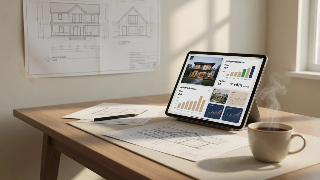 Modern real estate technology setup showing a laptop with property analytics and listing data on a wooden desk with warm natural light