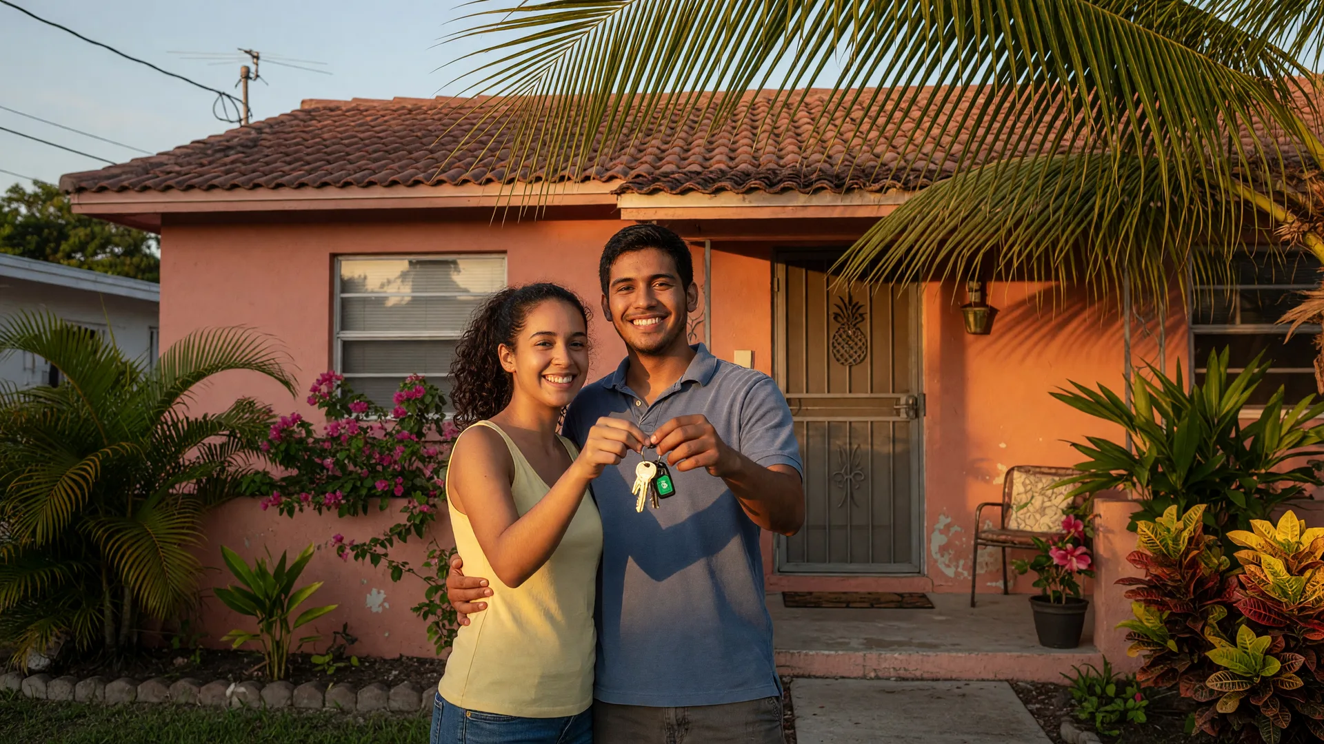 Young couple holding house keys on a South Florida porch, smiling with hope