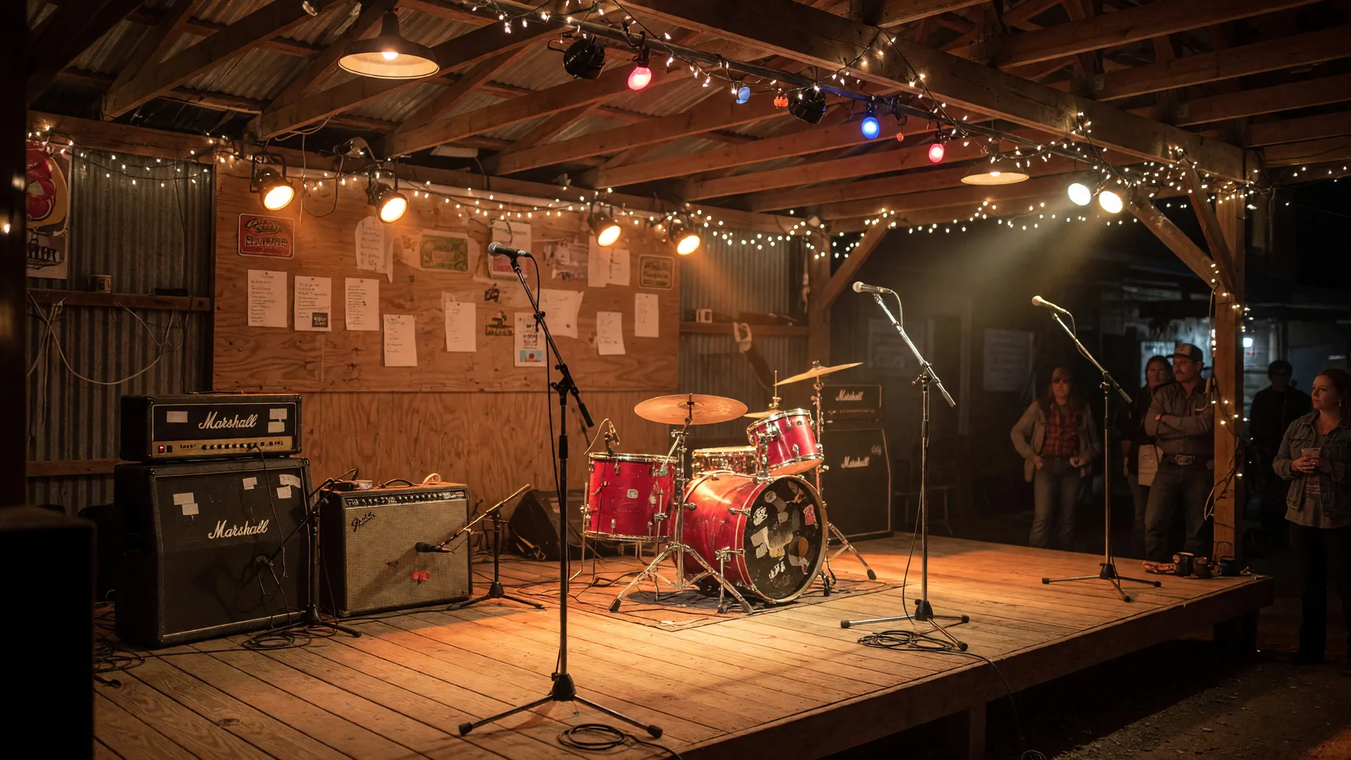 A wooden stage set for a classic rock show inside a rustic East Texas icehouse at night, with amps, a drum kit, and warm string lights overhead
