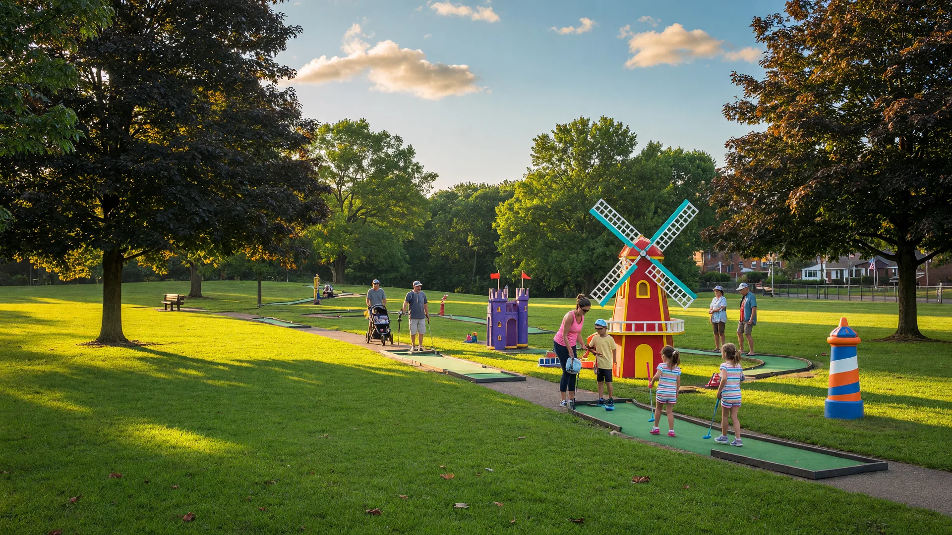 Alverthorpe Park in Jenkintown PA on a bright summer afternoon, featuring a lush green lawn, a miniature golf course with colorful windmill obstacles, and families enjoying the park under mature trees