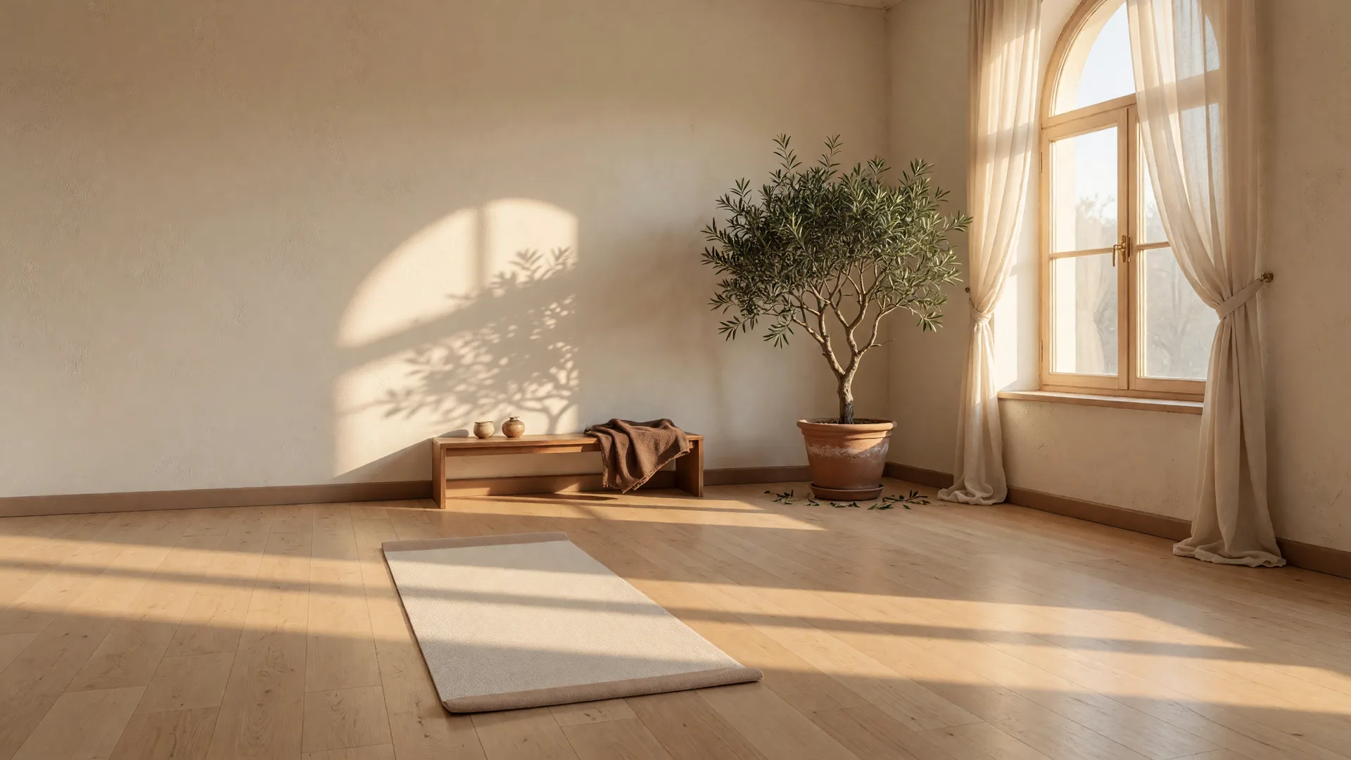 Sunlit yoga and movement space with cream mat and olive tree