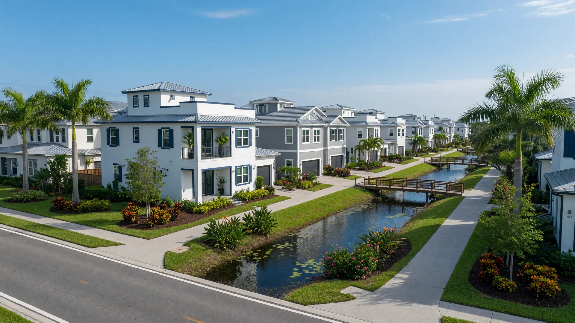 Modern two-story homes and townhomes along a central waterway with a pedestrian path in a new East Orlando community.