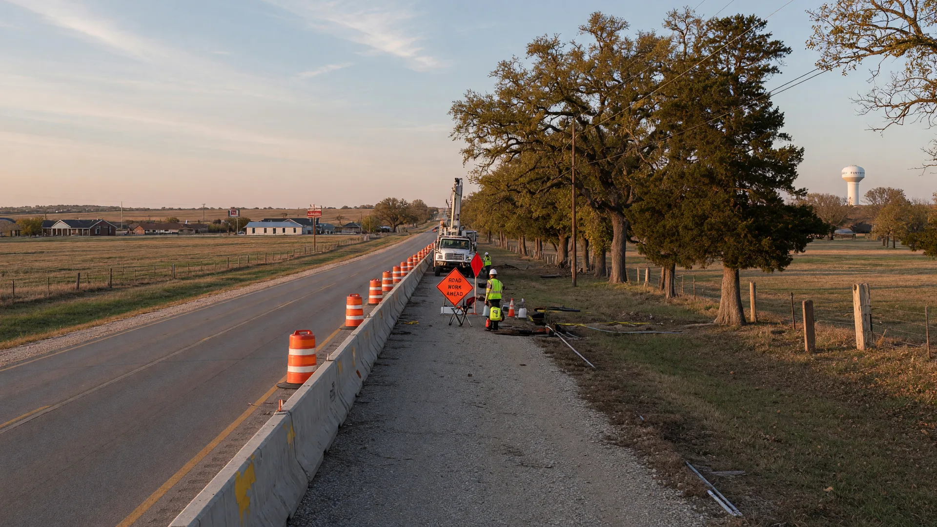 A rural two-lane Texas highway with orange construction barrels and utility work along the right-of-way