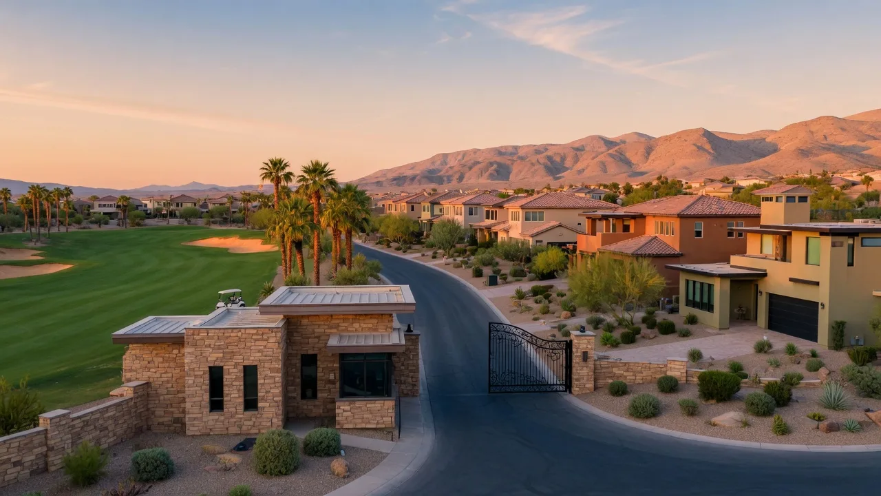 The guard-gated entrance and golf-course setting of Club Aliante in North Las Vegas at golden hour