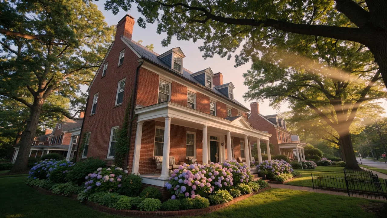 Traditional red-brick colonial home on a tree-lined street in Burlington County, New Jersey