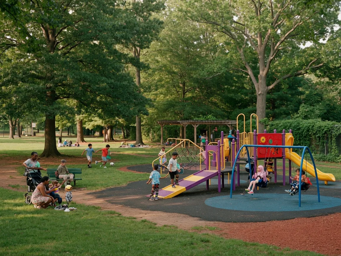 Nishuane Park in Montclair NJ on a warm summer afternoon with shade trees, green grass, and families enjoying the community space
