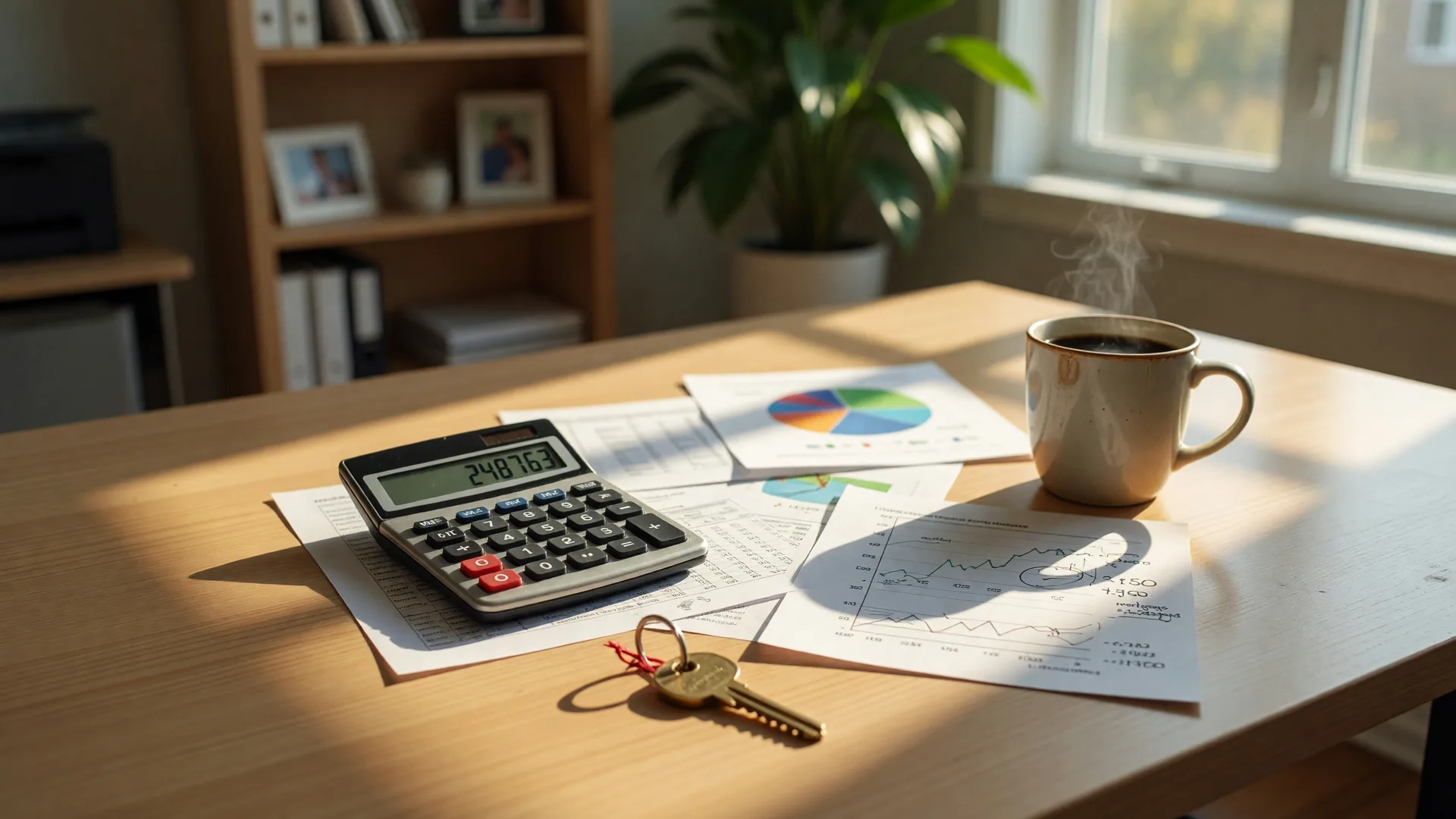 Financial planning desk with calculator, documents, house key, and coffee representing cost of living analysis