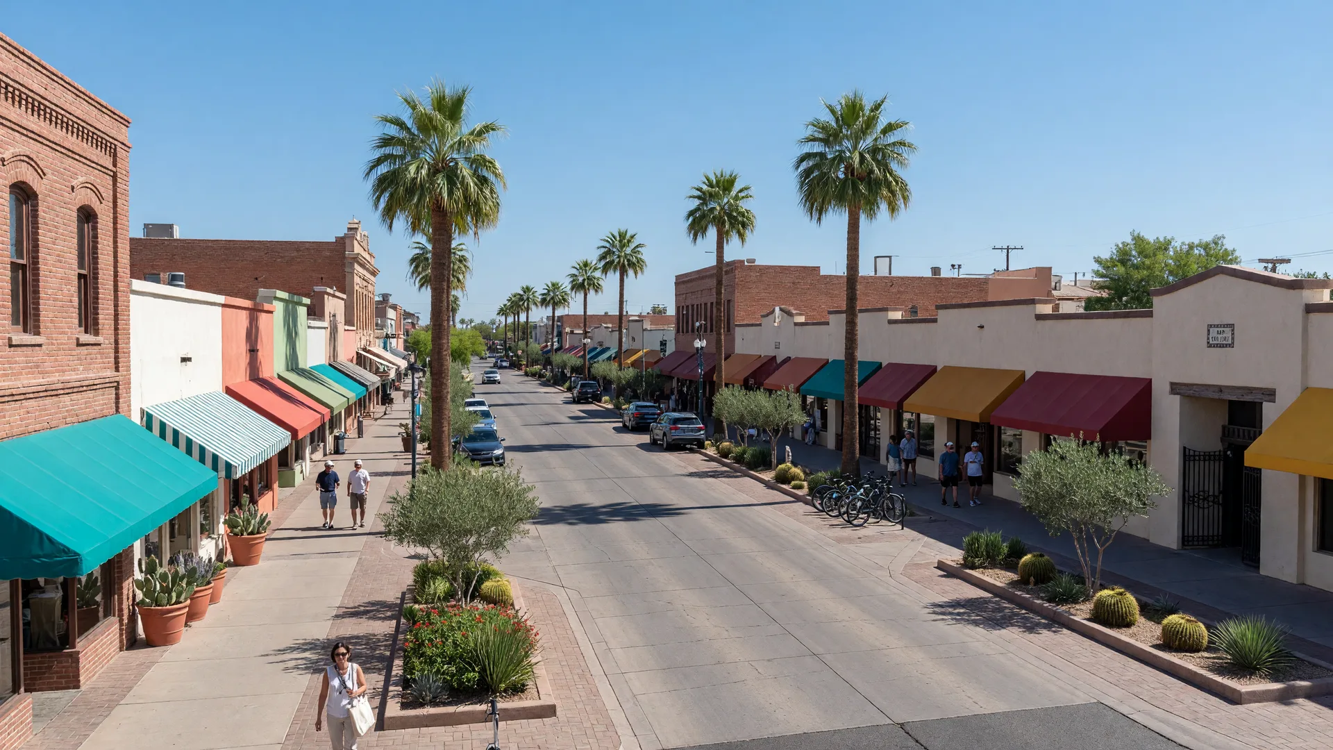 Historic downtown Chandler street with brick storefronts and palm trees at golden hour