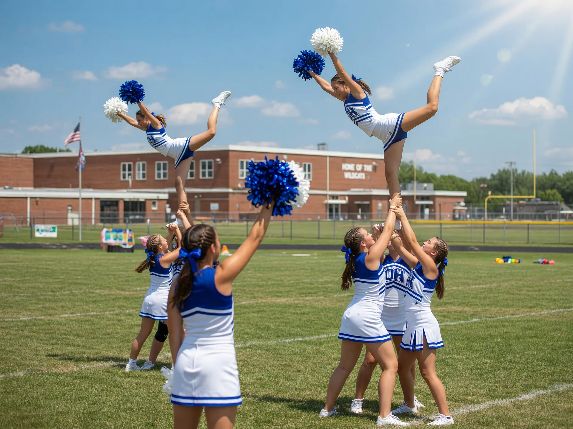 A cheerleading squad in blue and white uniforms performing a stunt on a sunny summer day at a high school athletic field in Ohio