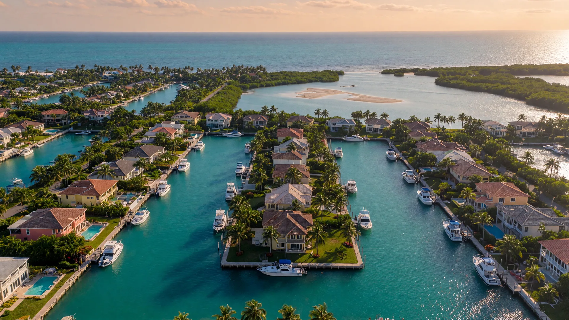 Aerial view of a planned Middle Keys waterfront community at golden hour, a grid of canals lined with luxury resort-style homes, private docks and boats, vivid turquoise water and tropical green lots beside an open ocean inlet
