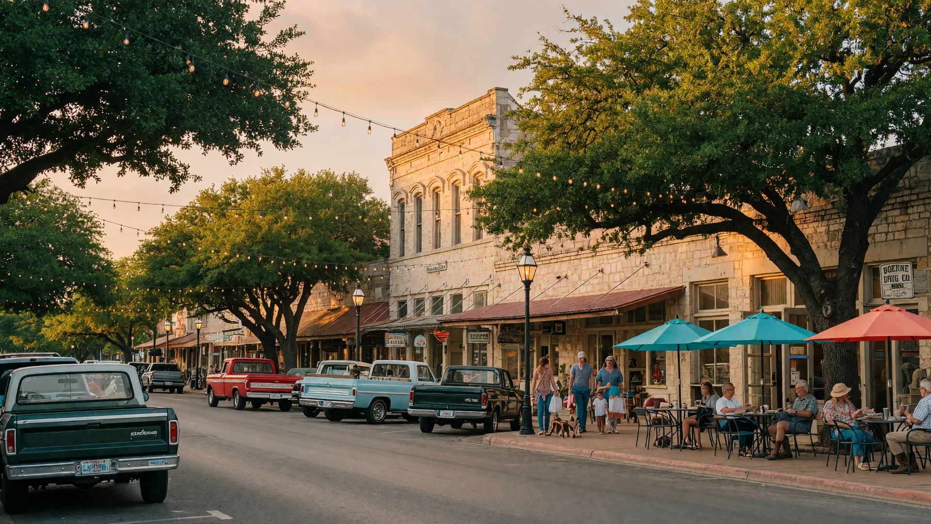 Historic downtown Boerne Main Street with limestone storefronts, outdoor dining, live oak trees, and string lights in warm afternoon light