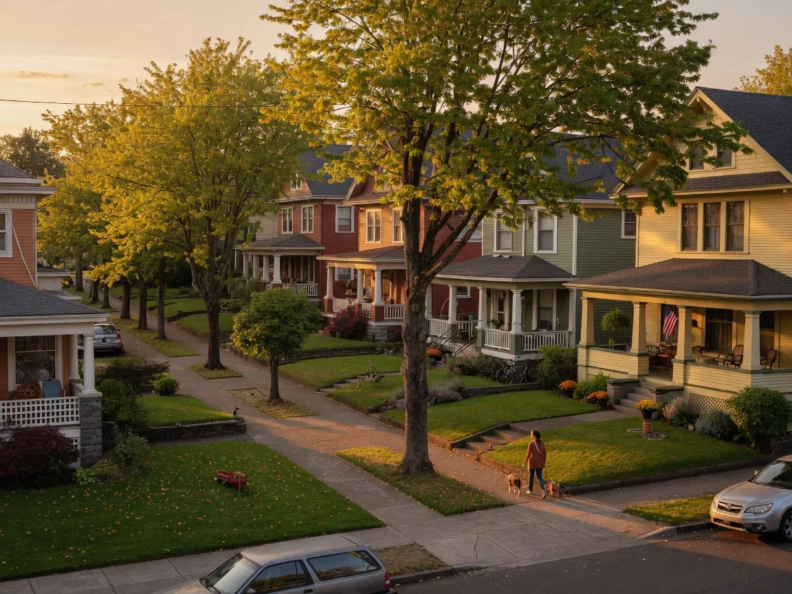 Grand early 20th-century homes with wide porches on a tree-lined Irvington street at golden hour