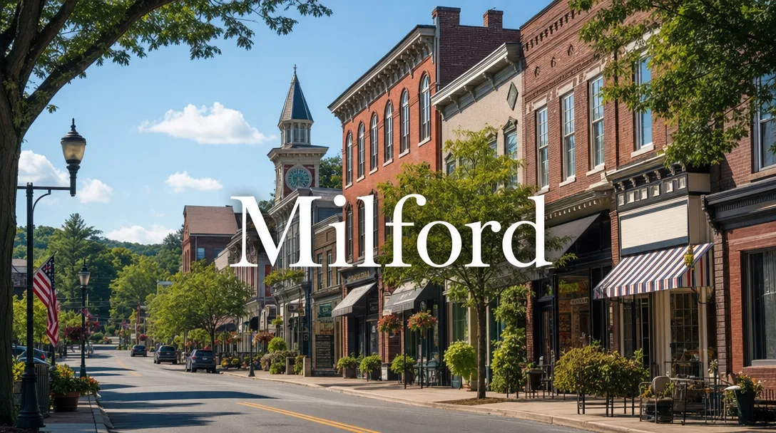 Scenic view of downtown Milford, Pennsylvania with historic buildings and autumn foliage