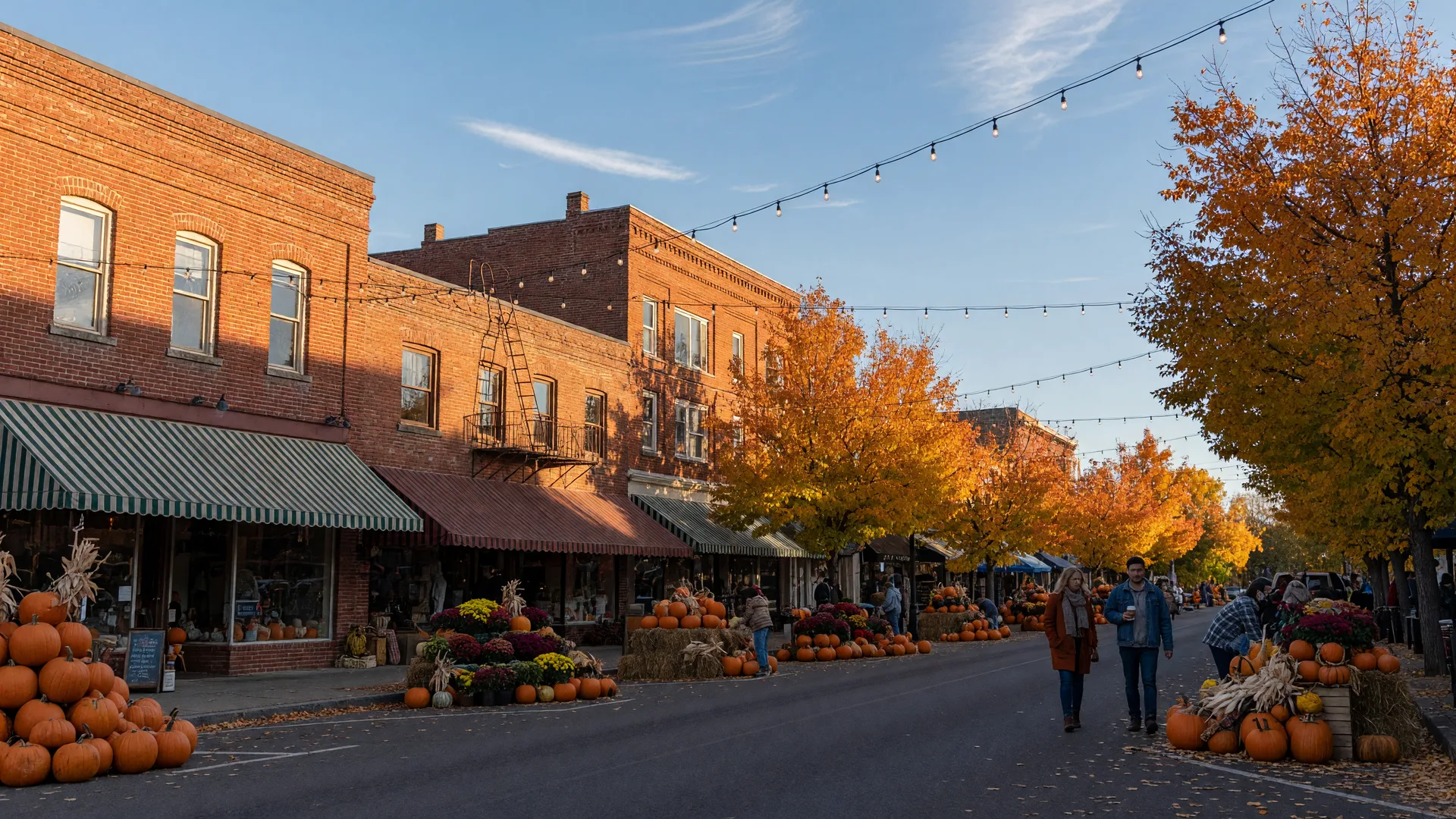 Autumn festival in downtown Medford, Oregon with fall leaves, string lights, and brick storefronts