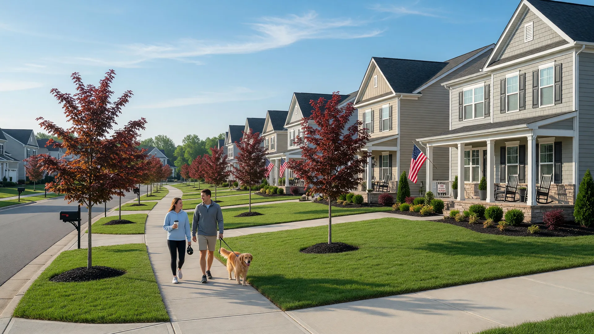 A sunny new residential neighborhood in Prince William County with modern homes, green lawns, and sidewalks