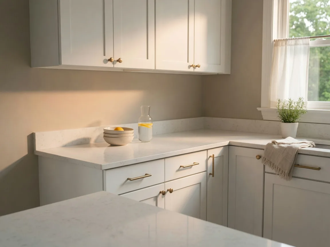 Refreshed white kitchen with brass hardware and quartz counters, freshly painted and staged for sale