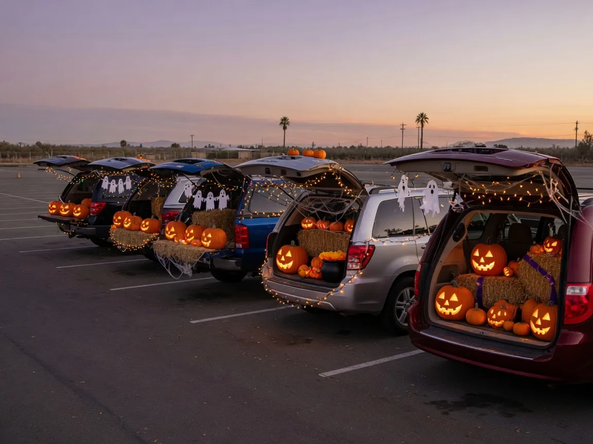 A community trunk-or-treat gathering at dusk in a Central Valley town, a row of festively decorated car trunks open in a parking lot, each decorated with pumpkins, hay bales, spider webs, ghost decorations, and warm string lights, carved jack-o'-lanterns glowing orange against a purple-orange twilight sky