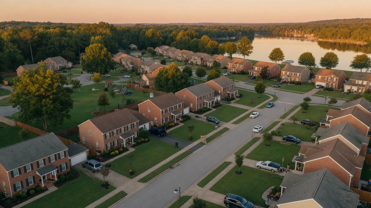 An established suburban neighborhood with brick homes, tree-lined streets, and a lake in the distance at golden hour