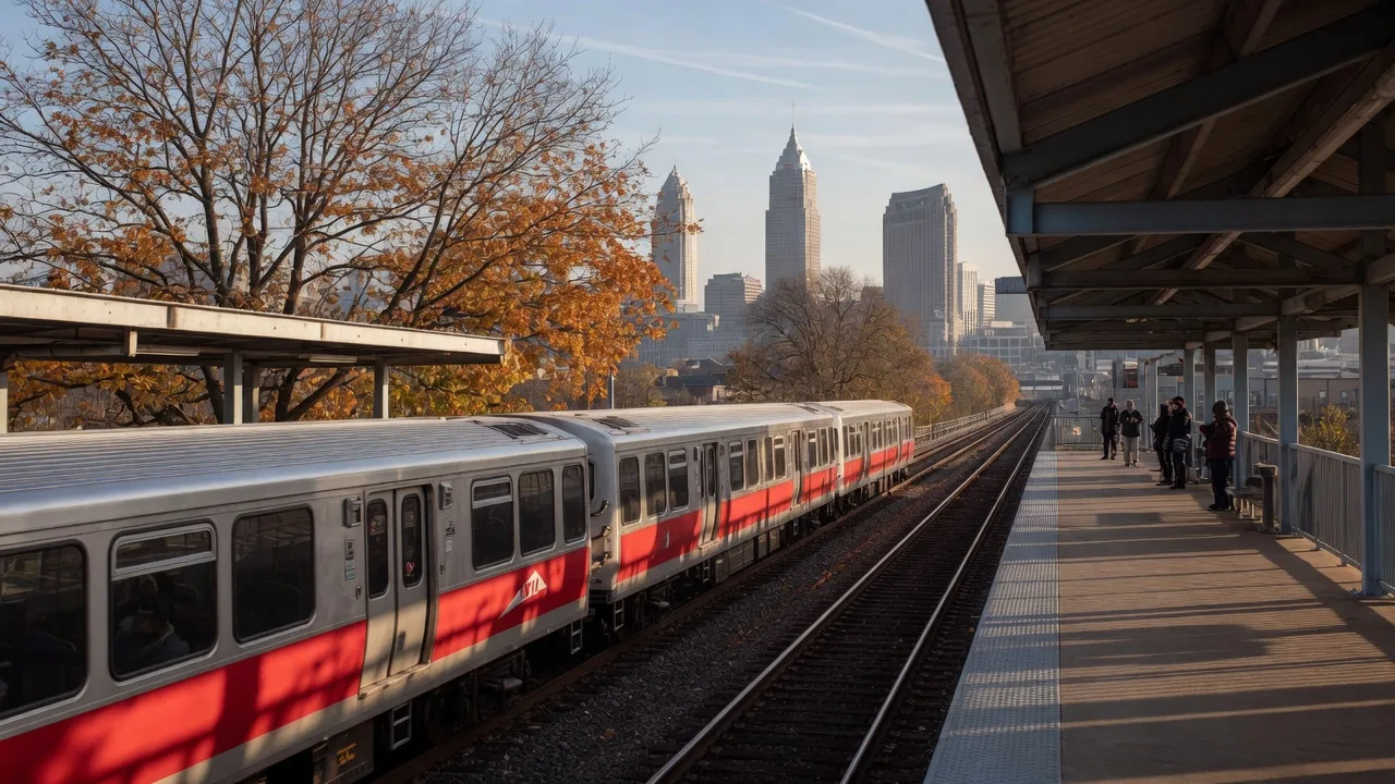 A Greater Cleveland RTA Red Line heavy rail train arriving at an elevated station platform on Cleveland's west side, with the downtown skyline in the distance and maple trees just turning orange and gold on an early October afternoon