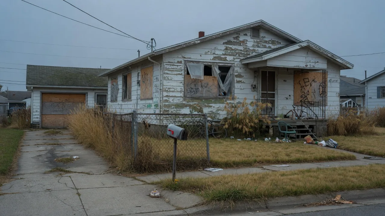Neglected suburban home with overgrown lawn and boarded-up windows under an overcast sky