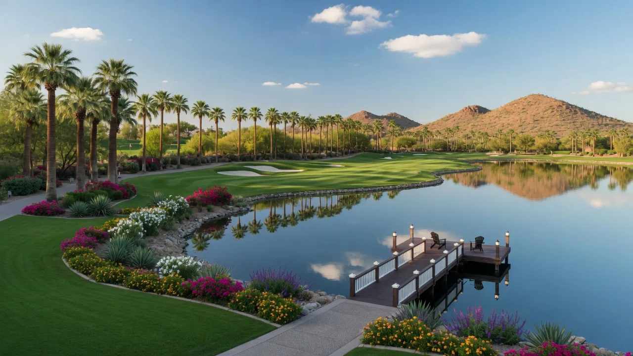 A wide view of an upscale waterfront home set along calm water