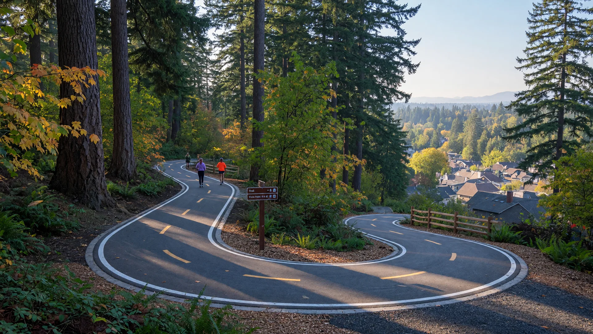 Newly opened paved trail winding through September-tinted forested hills southwest of Portland with morning light filtering through Douglas firs