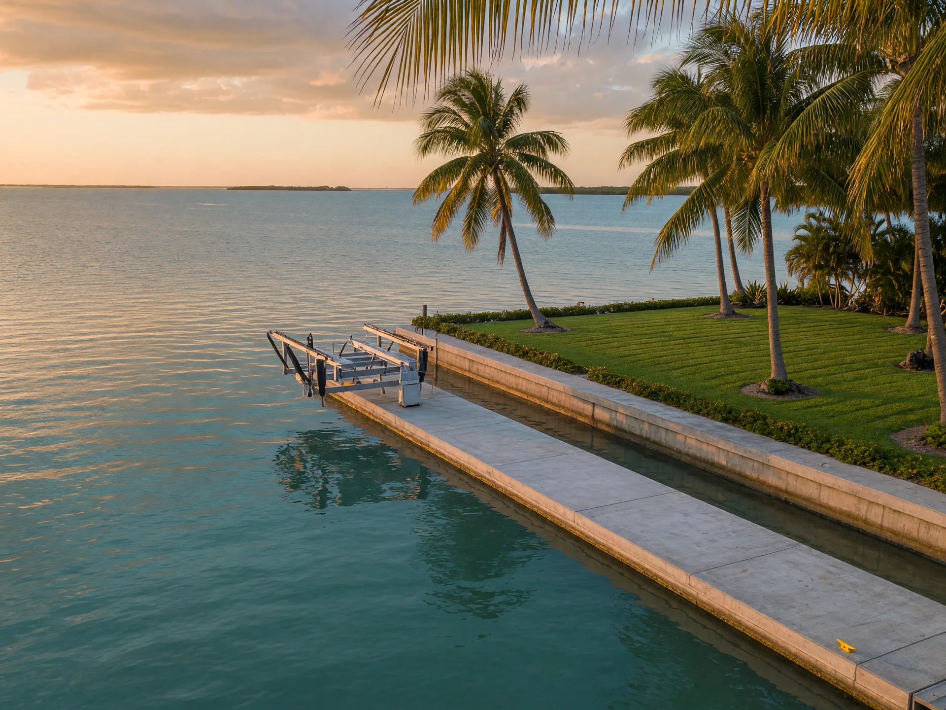A private Florida Keys waterfront estate with open-water frontage at golden hour, a calm turquoise bay meeting a manicured lawn and concrete seawall, a concrete dock with a boat lift extending into open water, and leaning palm trees