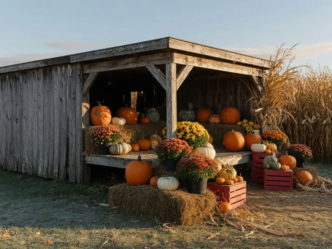 Fall farm market scene with stacked pumpkins on hay bales, golden mums, gourds, and apple crates in warm late-afternoon light, the style of Maple Acres Farm Market in Plymouth Meeting