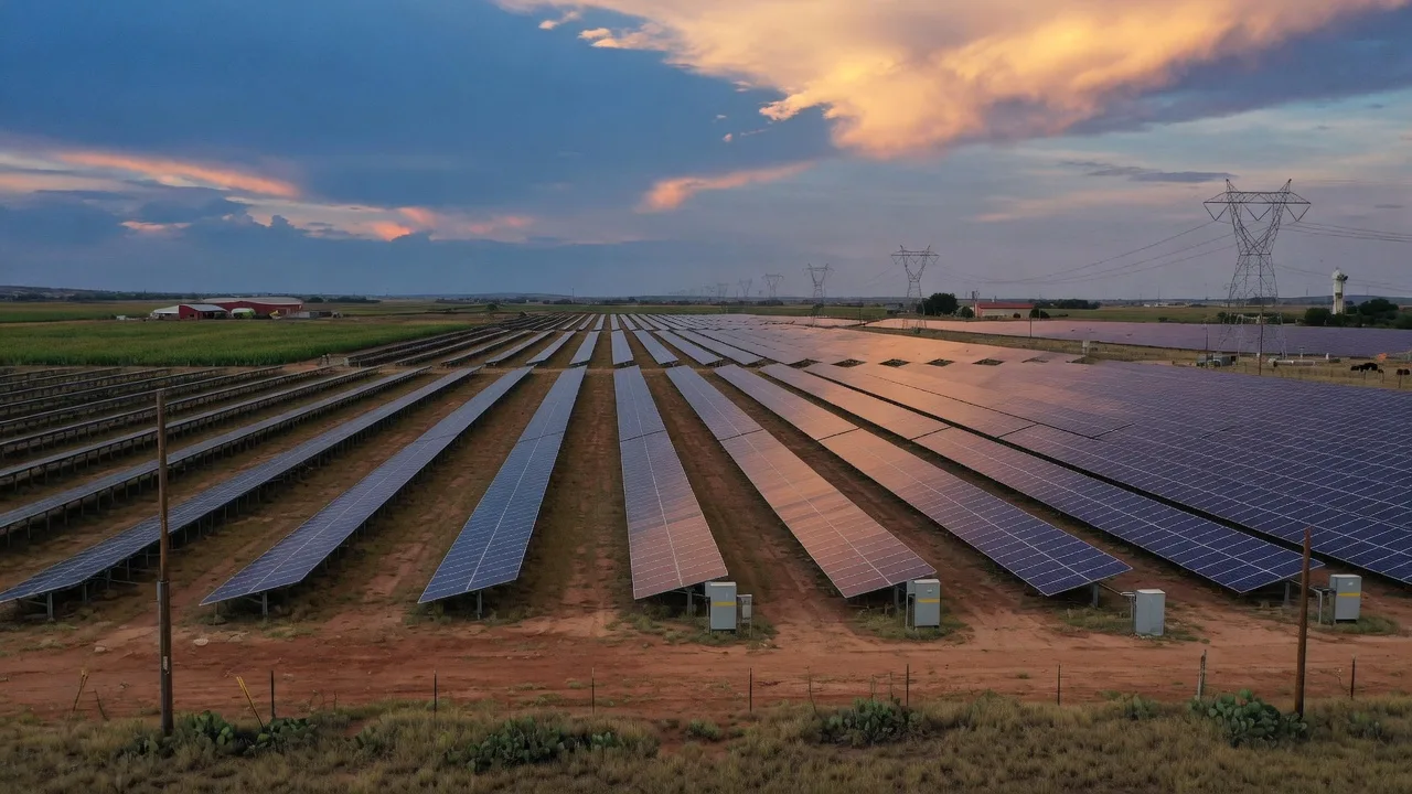 Aerial view of a massive utility-scale solar farm in rural Texas with rows of solar panels stretching to the horizon under a dramatic sky