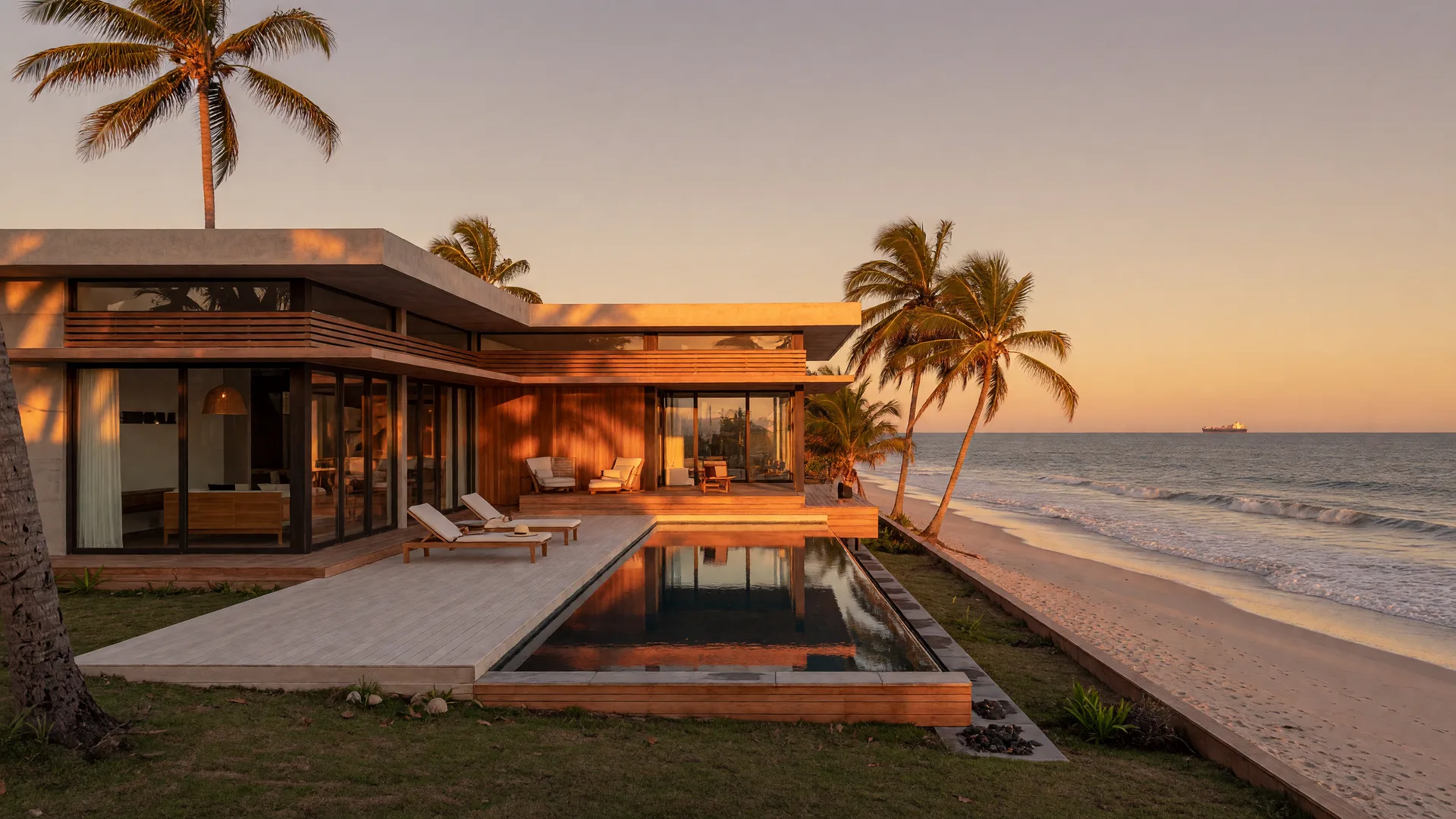 A modern beachfront villa with an infinity pool and terrace overlooking the Pacific ocean at golden hour on Panama's Pacific coast