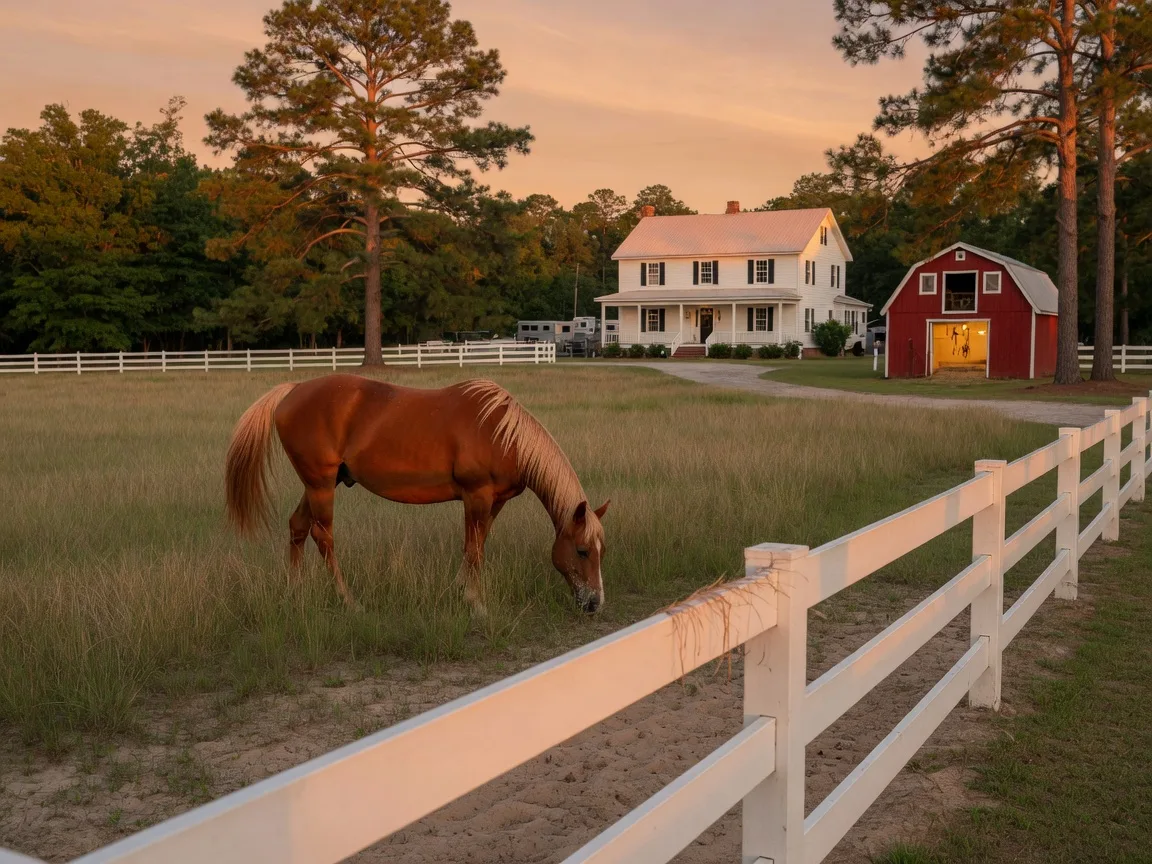 A chestnut horse grazing in a sandy Aiken pasture at golden hour with a white board fence, farmhouse, and warmly lit barn in the background