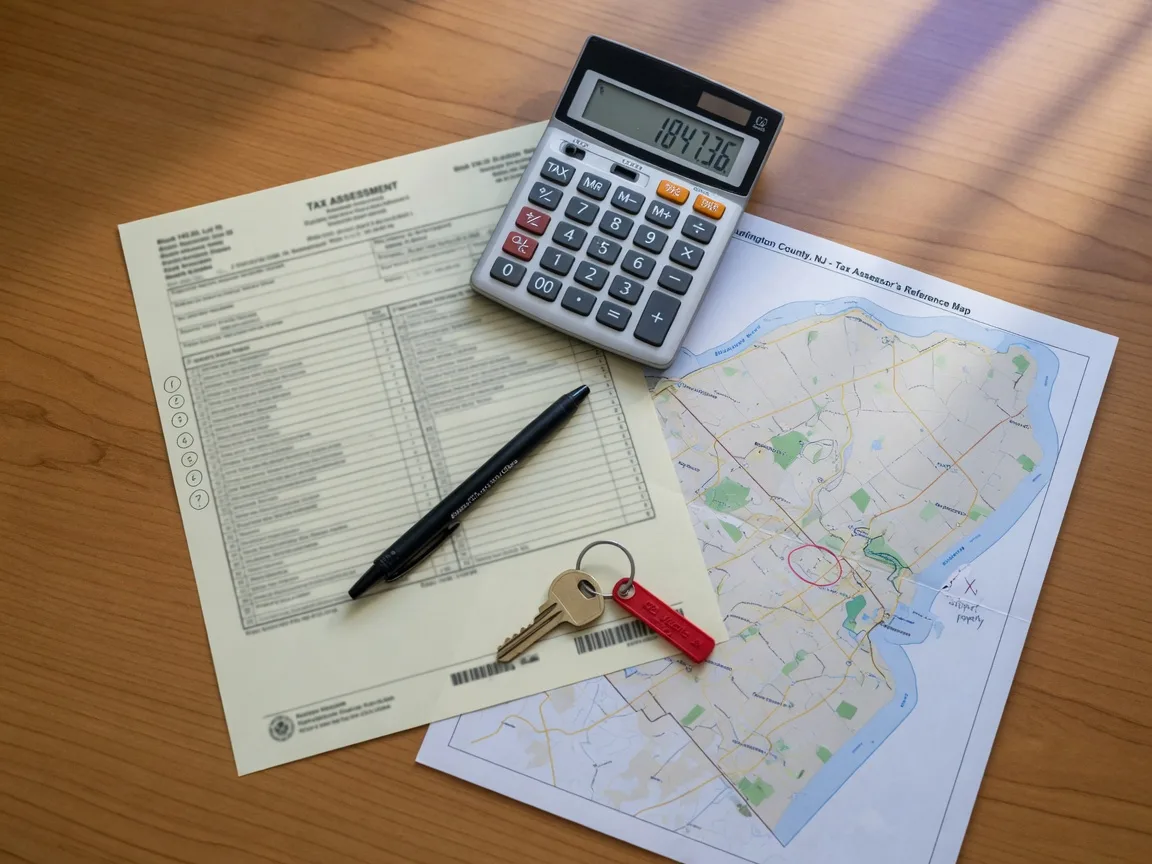 Property tax assessment document, calculator, and a Burlington County map arranged on a wooden desk