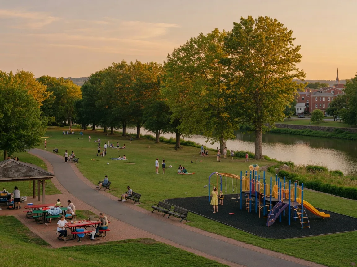 Reeves Park along the Schuylkill River in Phoenixville with walking paths and green spaces