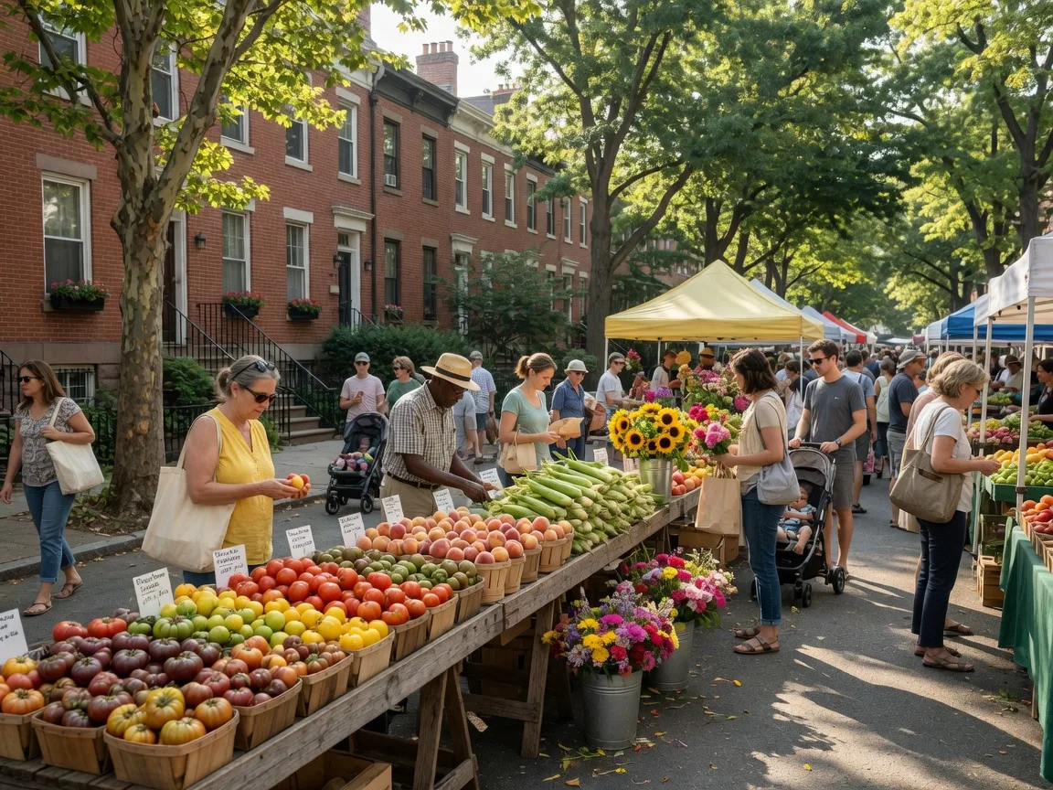 Bright late-summer morning at a Washington DC farmers market with wooden stands piled high with heirloom tomatoes, sweet corn, peaches, and sunflowers, and shoppers browsing under mature trees