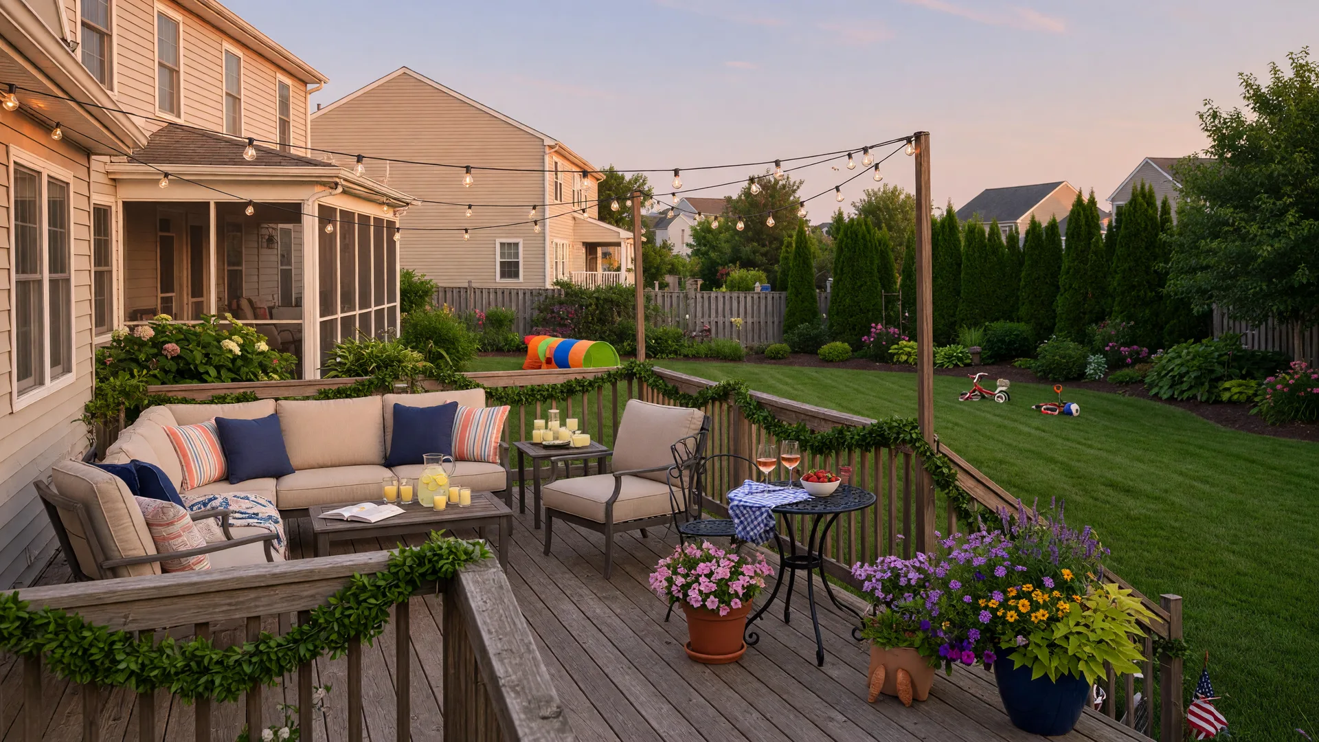 A staged backyard patio at golden hour with comfortable outdoor furniture, a small table, potted plants, and string lights above a green lawn