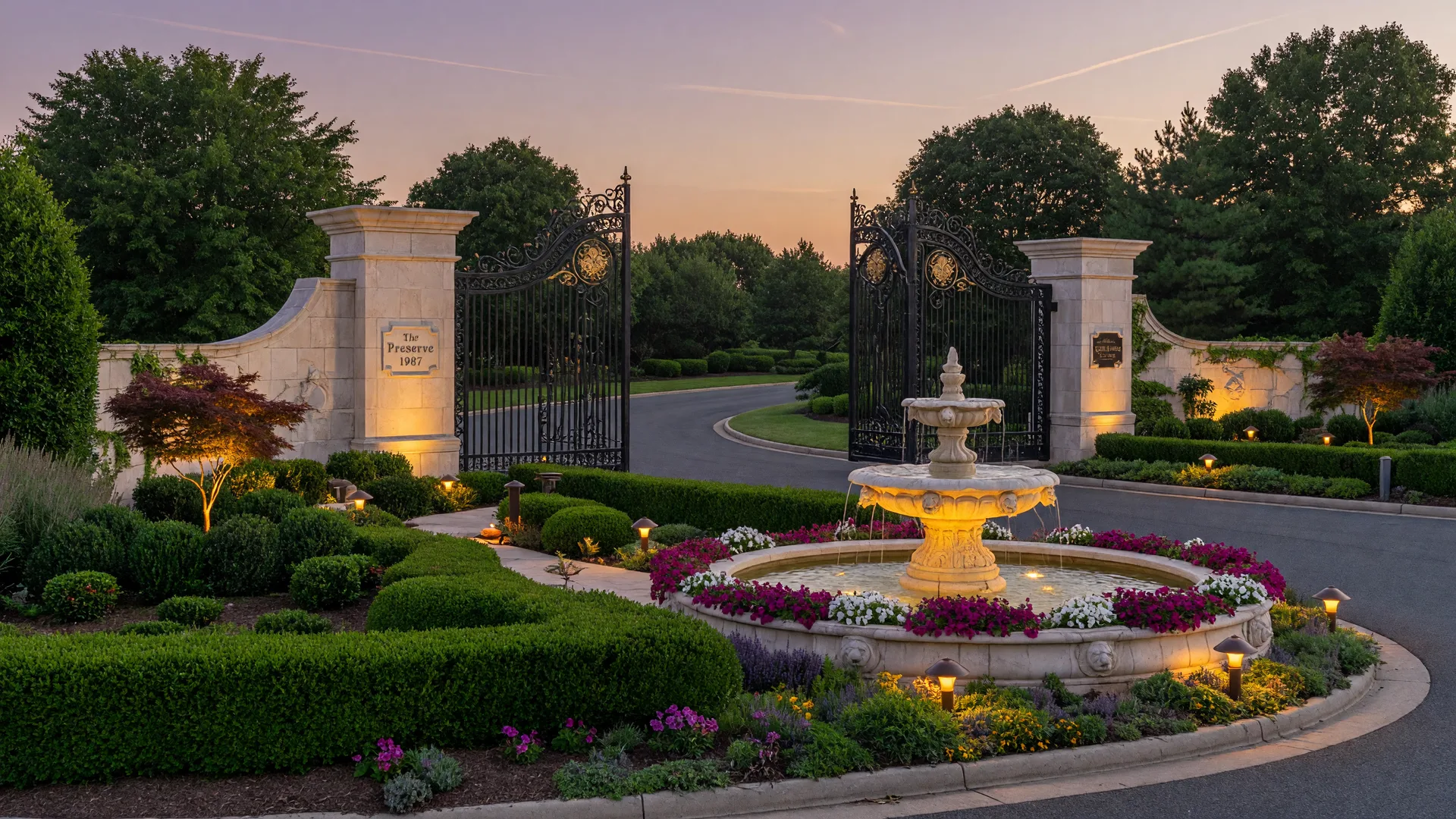 Exclusive gated community entrance in South Jersey with elegant stone gates, manicured landscaping, and a fountain at dusk