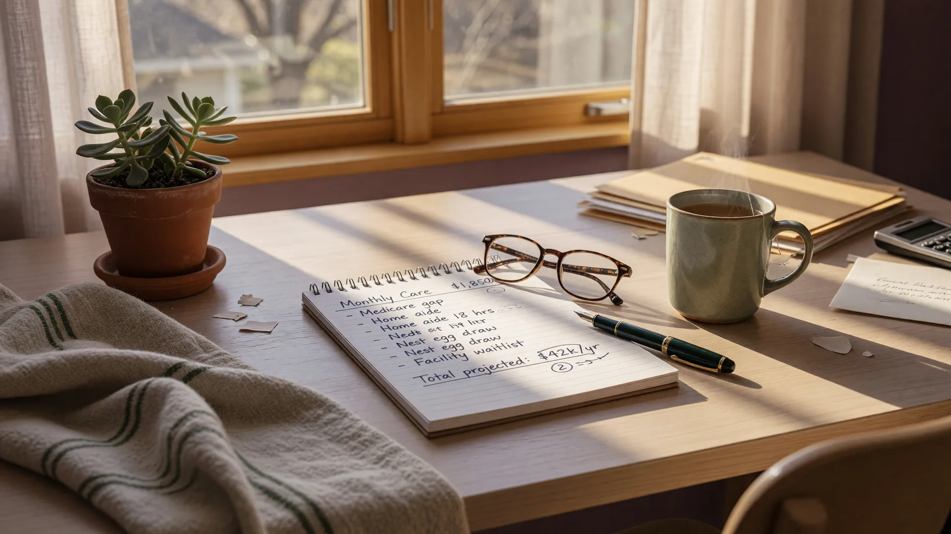 A sunlit desk with a notepad, reading glasses, and a cup of tea, ready for budget planning