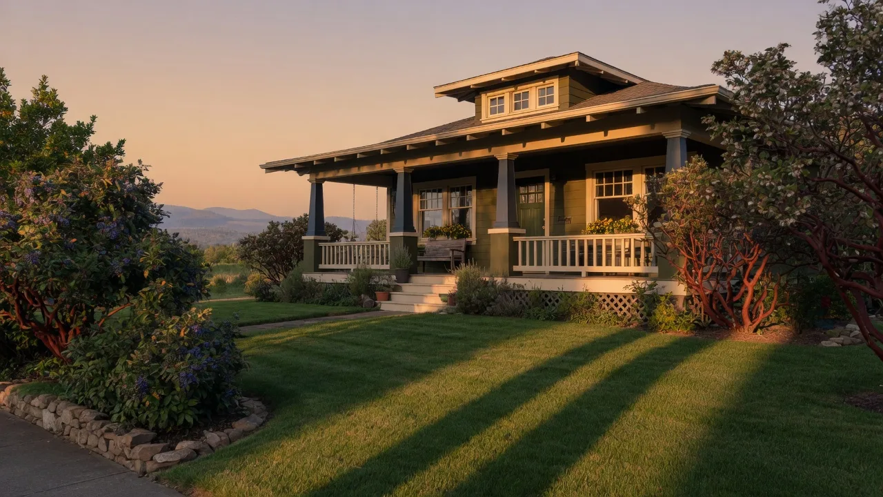 Craftsman-style home for sale in the Rogue Valley with native landscaping and a covered front porch at golden hour