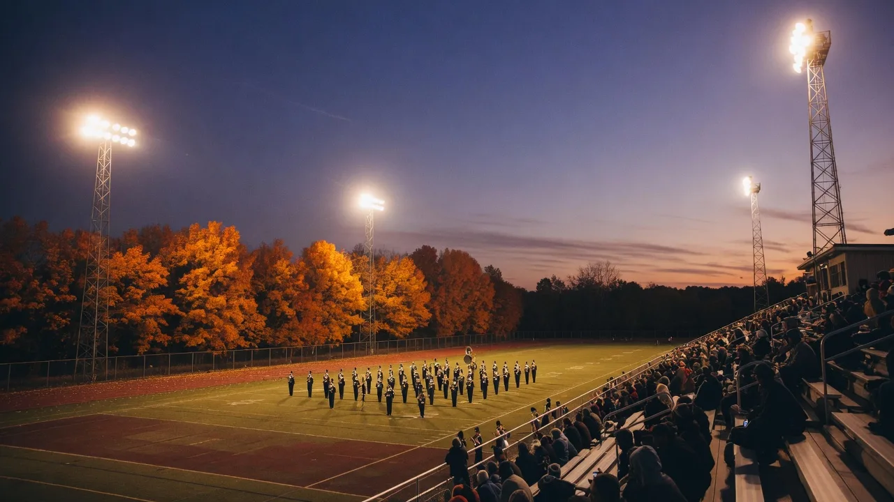 A small-town Pennsylvania high school football stadium on a golden October Friday evening, light towers glowing against the dusk sky, autumn trees beyond the end zone, and fans in the distant grandstand