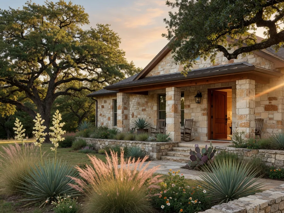 Limestone Hill Country home exterior with live oaks and native landscaping on a sunny afternoon