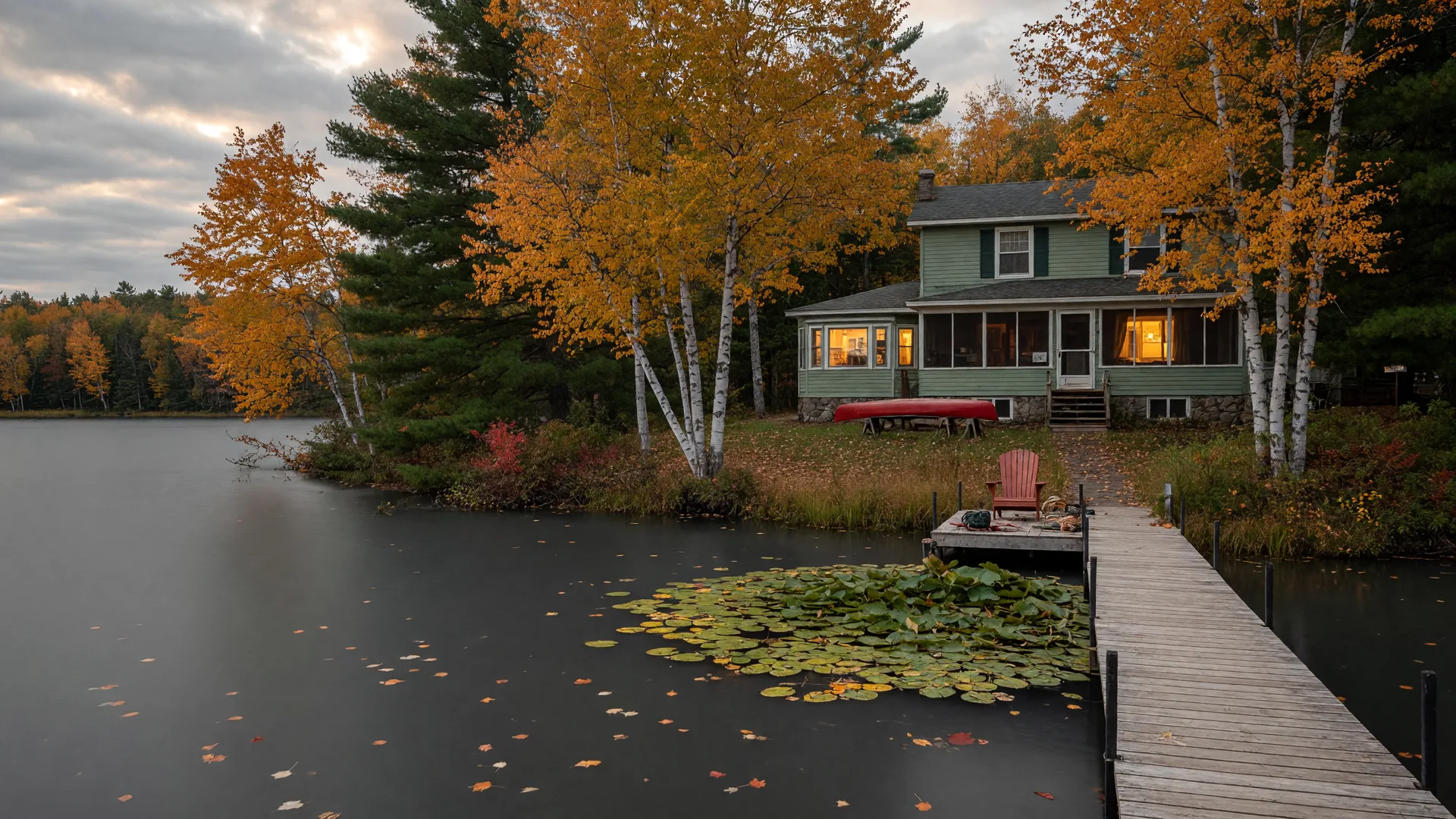 Minnesota lake home on an autumn shoreline with a wooden dock and golden leaves in late September light