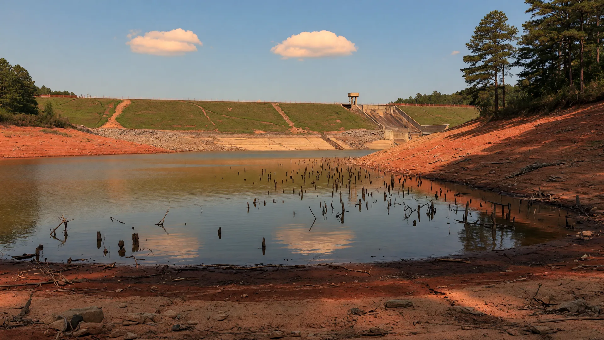 Low-pool shoreline of Lake Hartwell in late afternoon, with wide exposed red-clay banks, drowned stumps in the shallows, and a distant earthen dam