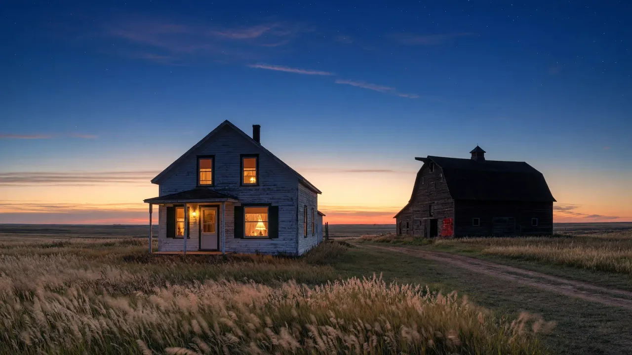 A farmhouse with warm lit windows beside a barn silhouette on open prairie at dusk