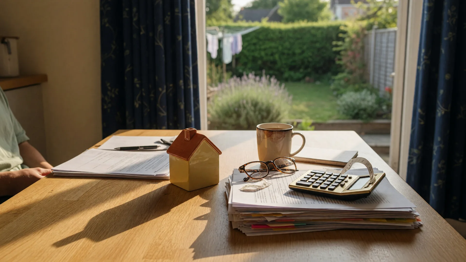 A sunlit kitchen table with a stack of financial documents, a brass calculator, reading glasses, a ceramic model house, and a mug of tea, the setting where families talk through what happens to the loan and the home over time