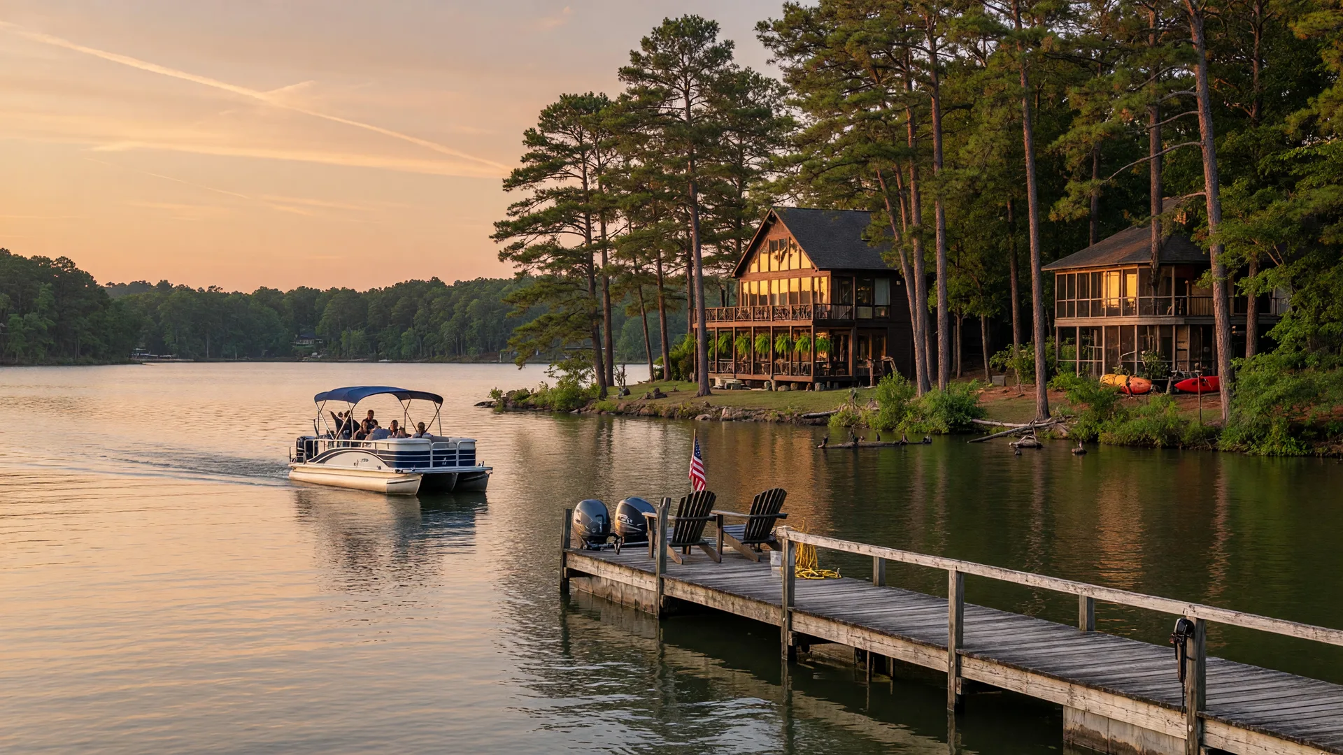 Lake Wylie SC dock and pontoon boat on a calm lake with homes in background