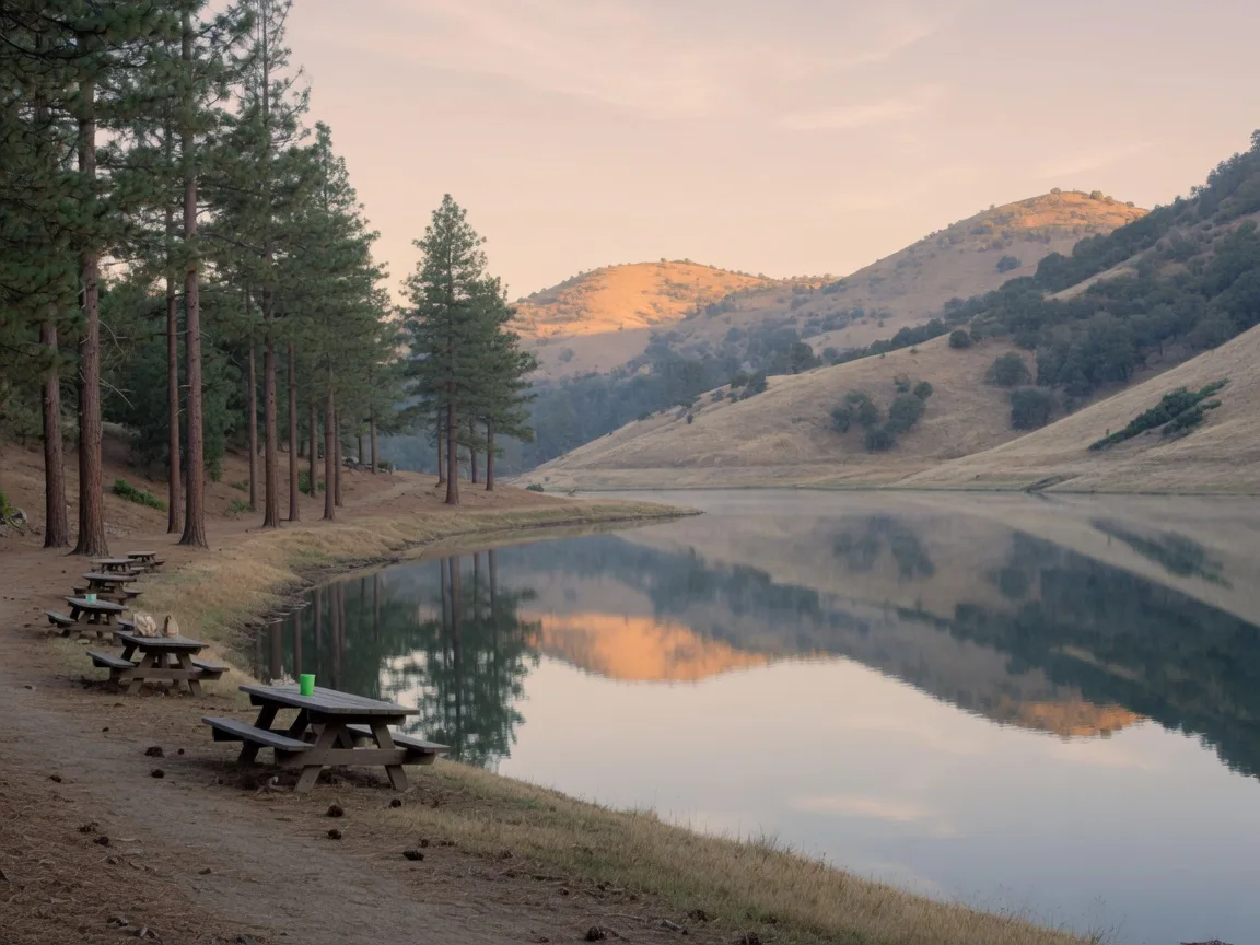 Calm reservoir at Bogart Regional Park near Beaumont with tall pines along the shore
