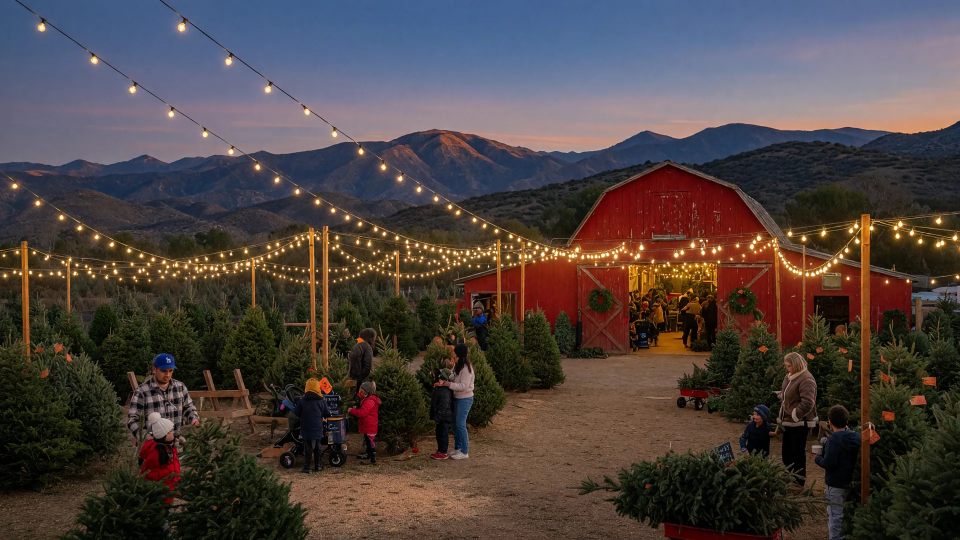 A Christmas tree farm glowing with white string lights at dusk in the Santa Clarita Valley